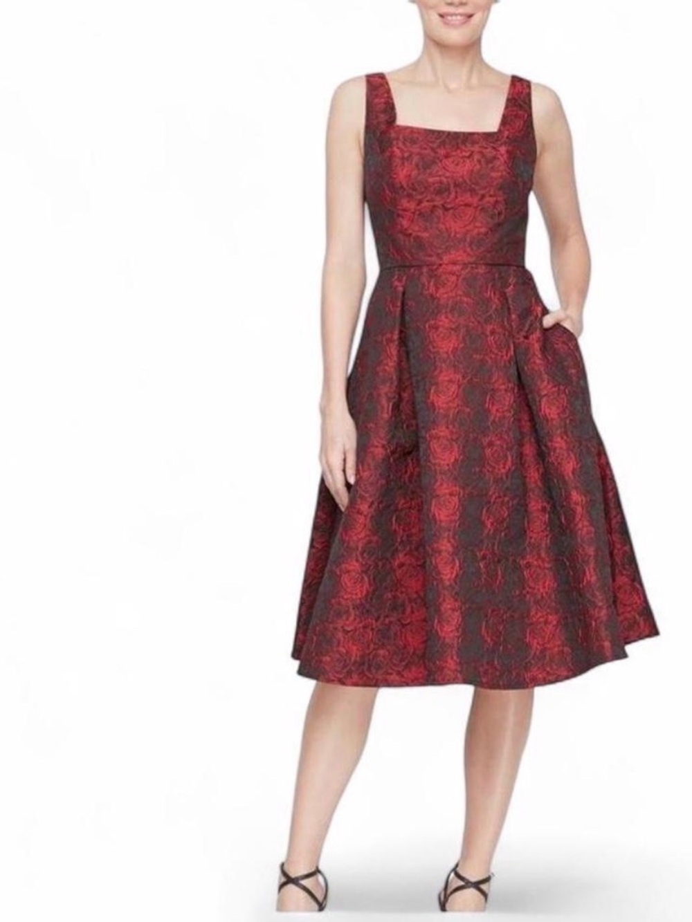Adrianna Papell Red and Black Floral Jacquard Tank